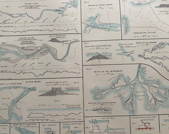 1875 River Engineering Original Antique Print - River Tyne, River Seine, River Maas, Delta of the Mississippi, Delta of the Danube