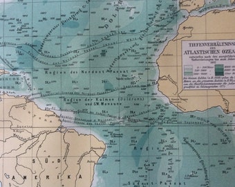 1894 Ocean Depths in Atlantic Ocean Original Antique Map - Available Framed - Oceanography - Vintage Map