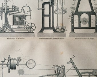 1878 Spinning Machines Original Antique Print - Available Framed - Machinery - Victorian Technology - Victorian Decor