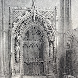 1836 Rochester Cathedral - Deur naar kapittelzaal Originele antieke gravure - Architectuur - Kent - Gemonteerd en gematteerd - beschikbaar ingelijst
