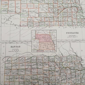 Grande carte noire originale du Nebraska et du Kansas de 1898 en A et C - États-Unis - Déco murale victorienne - Idée cadeau de mariage