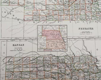 1898 Nebraska and Kansas Large Original Antique A & C Black Map - United States - Victorian Wall Decor - Wedding Gift Idea