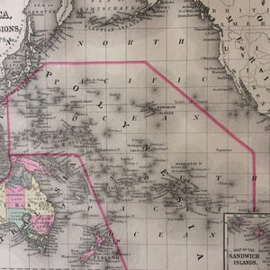 OCEANICA 1888 grande carte ancienne originale rare de Mitchell exposant diverses divisions et groupes d'îles - carte des îles Sandwich en médaillon
