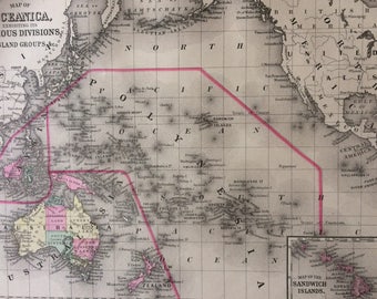 1888 OCEANICA large rare original antique Mitchell Map exhibiting various divisions and Island groups - Inset map of the Sandwich Islands