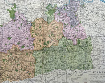 1902 Surrey Original Antique Map showing Railways, Stations, Crossroads, Canals - Large Wall Map - City Plan - England