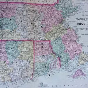 1888 MASSACHUSETTS, CONNECTICUT & RHODE Island grande carte Mitchell antique originale rare - décoration murale - décoration d'intérieur - idée cadeau - carte de l'état
