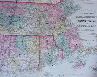1888 MASSACHUSETTS, CONNECTICUT & RHODE Island large rare original antique Mitchell Map - Wall Decor - Home Decor - Gift Idea - State Map