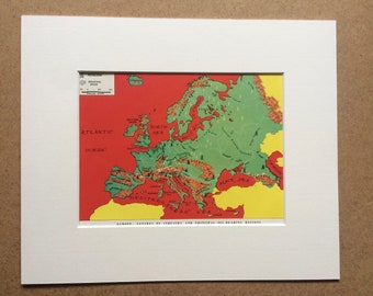 1940s Europe Map showing centres of Industry and Principal Oil-bearing regions Original Vintage Print - Mounted and Matted, Available Framed