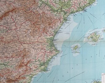 1922 SPAIN (Eastern Section) Large Original Antique Times Atlas Physical Map with inset maps of Madrid and Barcelona - Ibiza - Mallorca