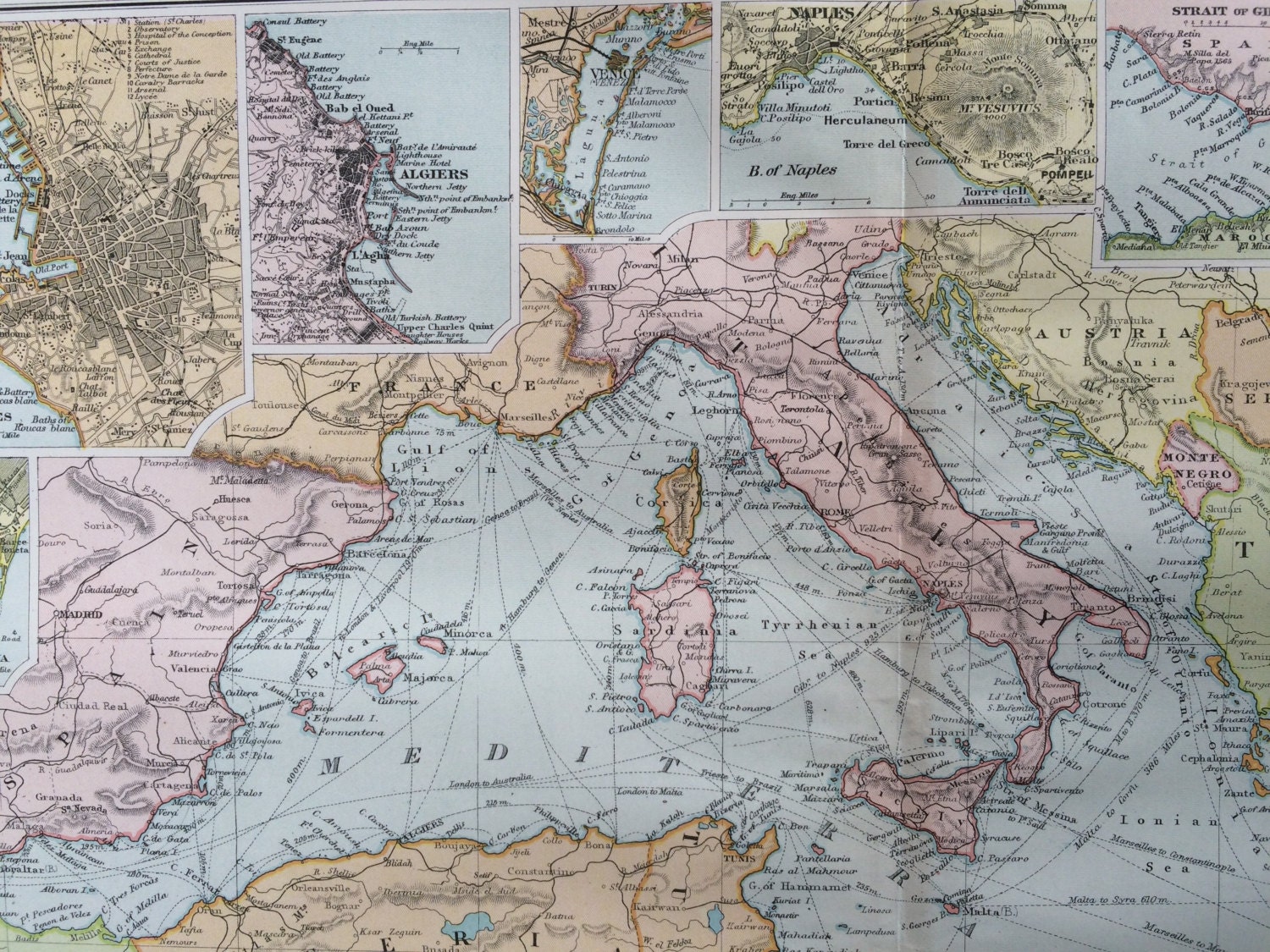 1898 THE MEDITERRANEAN SEA large original antique map, 21.5 x 13.5
