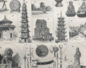 1897 Chinese Art & Architecture Original Antique Print - Architect Gift - Mounted and Matted - Available Framed