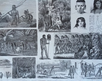 1870 Brazilian Native Tribes Art and Culture Original Antique Print - Ethnography - Anthropology - Brazil - Available Framed