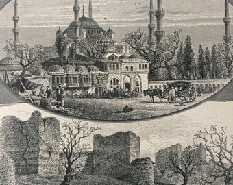 1876 Views in Constantinople Original Antique Wood Engraving - Mosque - Tower - Architecture - Mounted and Matted - Available Framed