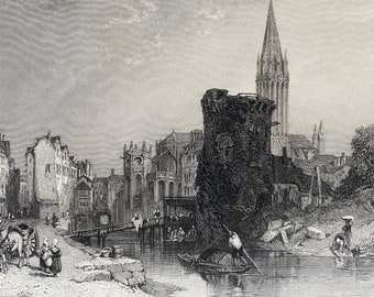 1836 Caen, France Original Antique Print - Engraving - Mounted and Matted - Available Framed
