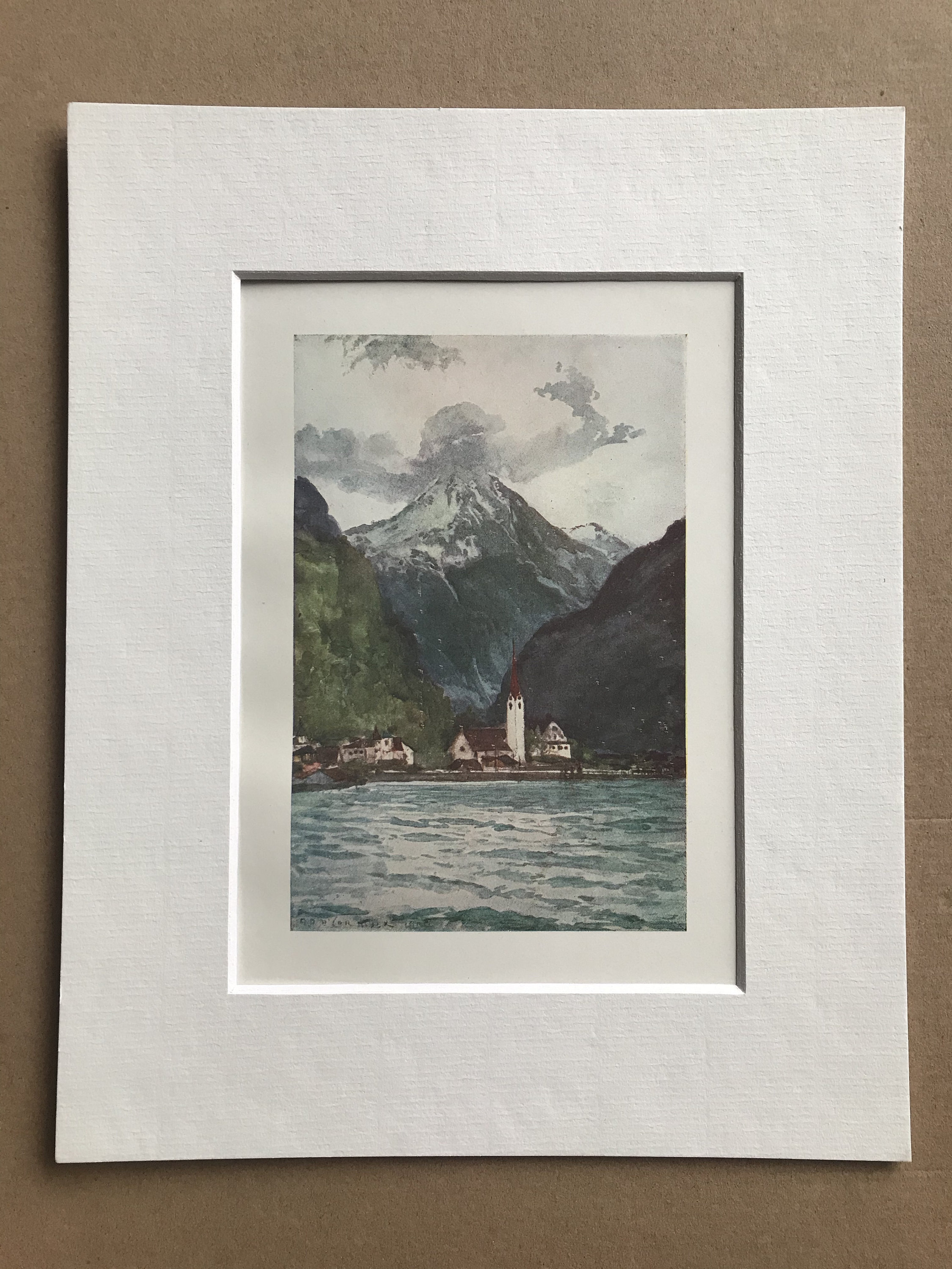 1917 Fluelen at the end of Uri Lake Original Antique Print Mounted