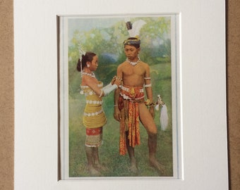 1940s Dayak Young Man and Woman Original Vintage Print - Mounted and Matted - Borneo - Traditional Dress - Available Framed
