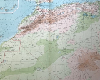 1922 NORTH-WEST AFRICA Large Original Antique Times Atlas Physical Map with inset map of the Canary Islands - maghreb - Morocco - Algeria