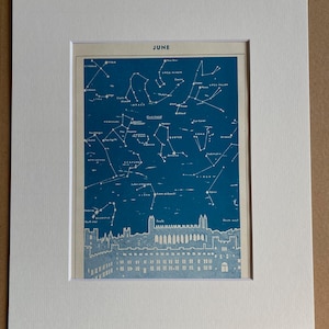 May include: A framed print featuring a vintage celestial map for June, showcasing constellations in white against a deep blue background. The print includes a detailed illustration of a building silhouette at the bottom, all set within a white mat.