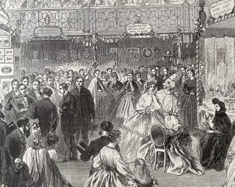 1864 Bazaar at St James's Hall in aid of the French Protestant Schools in Soho Original Antique Engraving - London - Available Framed