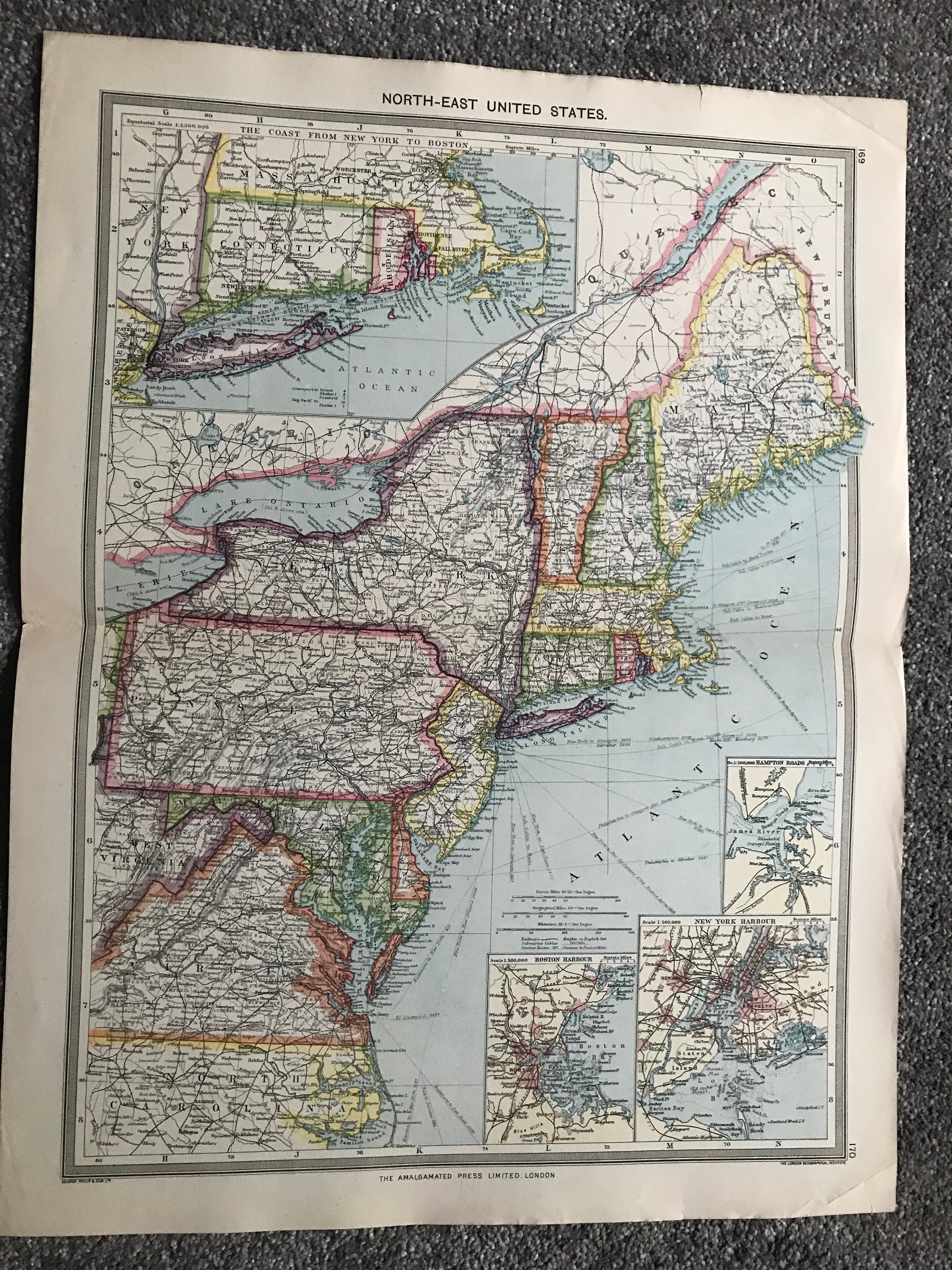 1903 North-East United States Original Antique Map with inset maps of ...