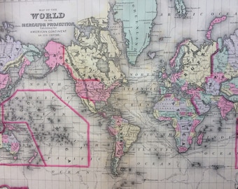 1888 WORLD on MERCATOR'S PROJECTION large rare original antique Mitchell Map - Antique World Map - Wall Decor - Home Decor - Gift Idea