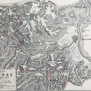 1875 Batallas frente a Bayona, 1813 Mapa antiguo original - Francia - Guerras napoleónicas - Mapa de batalla - Historia militar - Disponible enmarcado