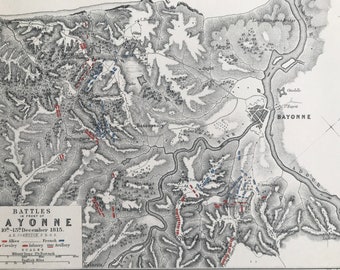 1875 Battles in front of Bayonne, 1813 Original Antique Map - France - Napoleonic Wars - Battle Map - Military History - Available Framed