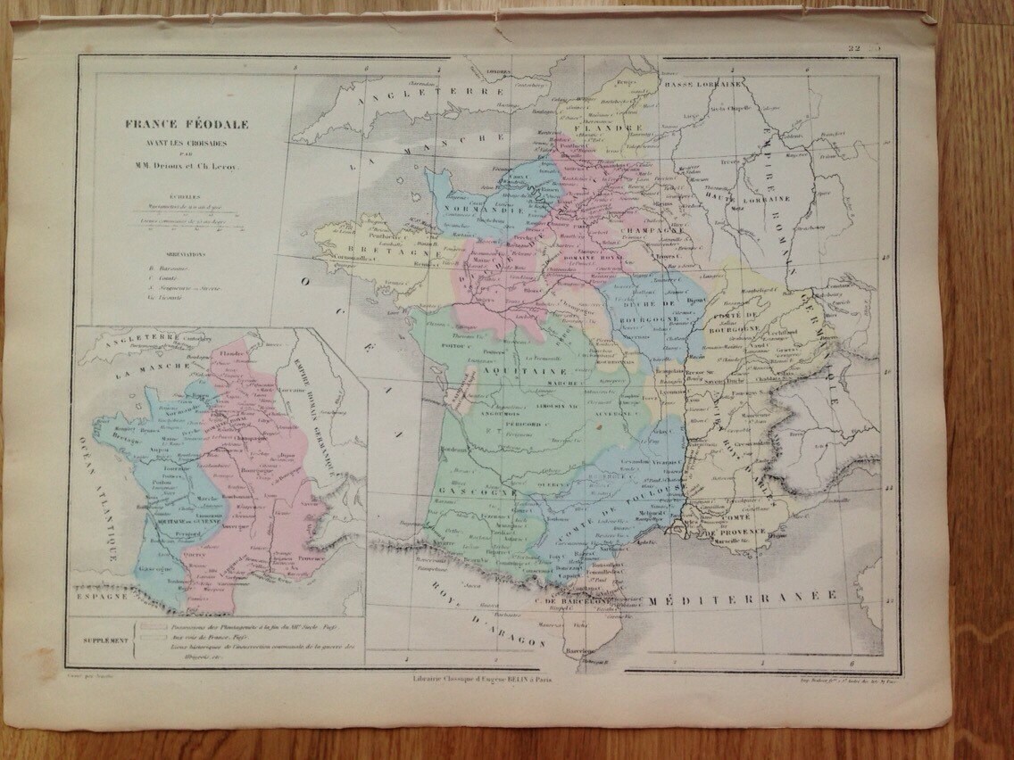 1866 FEUDAL FRANCE Original Antique Historical Map - Pastel Colours ...