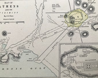 1901 Map of Athens and its vicinity Original Antique Map - Greece - Mounted and Matted - Available Framed