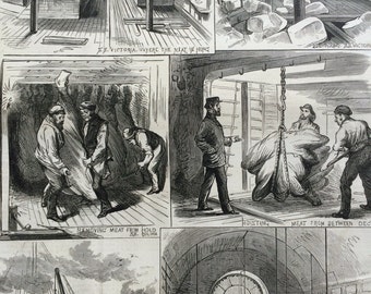1877 The American Fresh Meat Trade of Glasgow and London Original Antique Engraving, Illustrated London News, 19th Century History