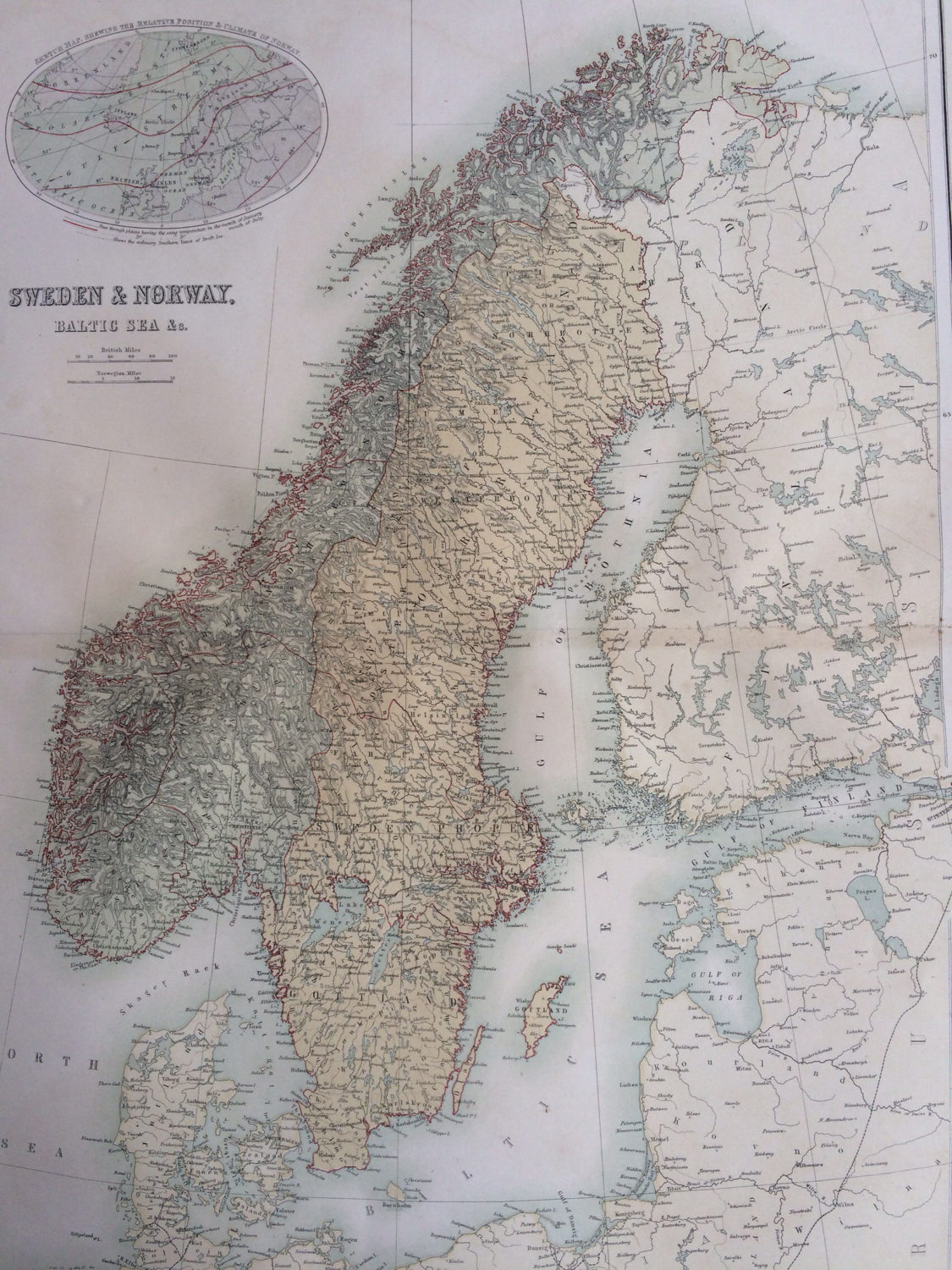 1859 Sweden And Norway Extra Large Rare Original Antique A C Black Map With Inset Map Showing Relative Position And Climate Of Norway