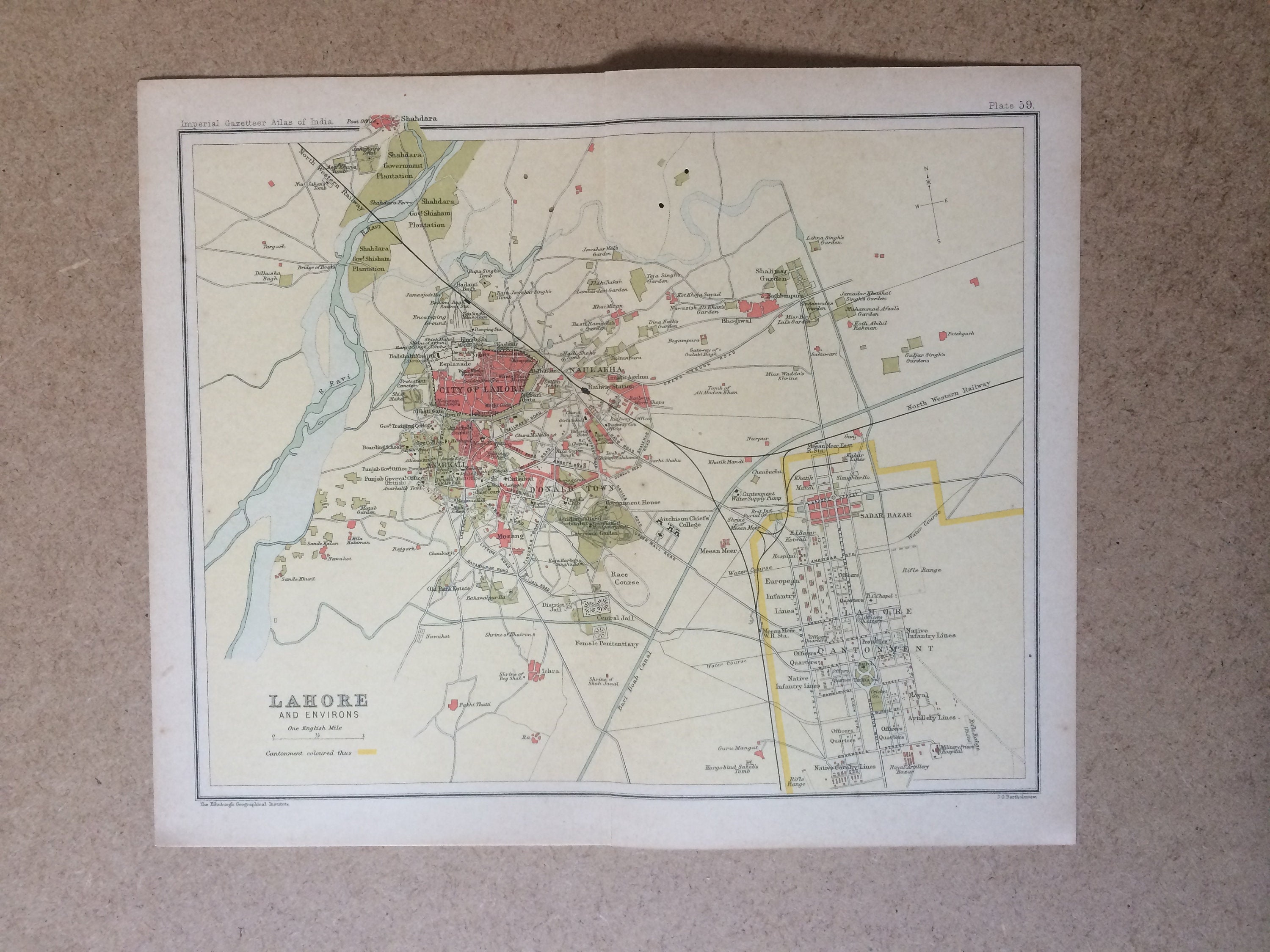 1908 Lahore and Environs Original Antique Map - Available Mounted and 