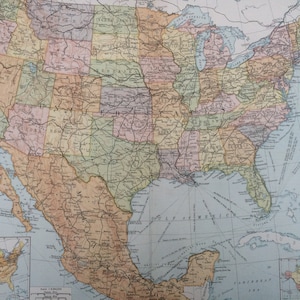 1920 Très grande carte ancienne originale des États-Unis et du Mexique montrant les voies ferrées ouvertes et en construction, les canaux et les routes des bateaux à vapeur