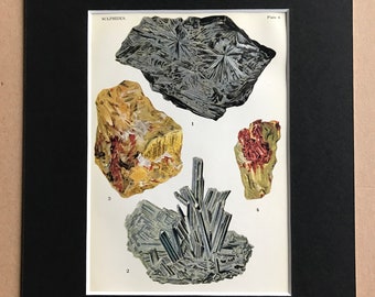 1916 Minerals Original Antique Lithograph - Mounted and Matted - Sulphides - Mineralogy - Crystals - Available Framed