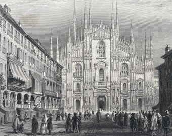 1874 Milan Cathedral Original Antique Print - Italian Architecture - Mounted and Matted - Available Framed