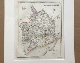 1845 Monmouthshire Original Antique Hand-Coloured Engraved Map - UK County Map - Available Framed - England