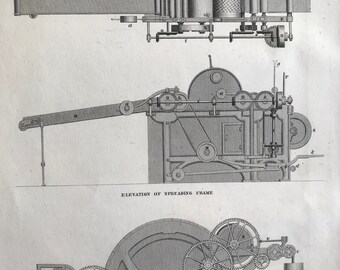 1858 Cotton Spinning - Spreading Frame and Carding Machine Original Antique Engraving - Machinery - Victorian Technology - Available Framed