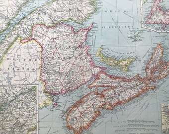 1903 Maritime Provinces of Canada Large Original Antique Map, 15.5 x 20.5 inches, Harmsworth map, New Brunswick, Nova Scotia, Newfoundland