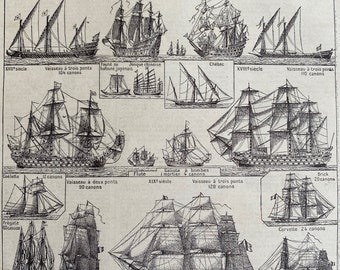 1923 Rowing and Sailing Original Antique Print - Sailing Ship - Nautical Decor - Mounted and Matted - Available Framed