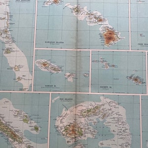 1922 INSELN OZEANIEN Große Original Antike Times Atlas Physische Karte Neue Hebriden - Hawaii - Samoa - Kochinseln - Neukaledonien - Fidschi