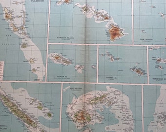 1922 ISLANDS OF OCEANIA Large Original Antique Times Atlas Physical Map  New Hebrides - Hawaii - Samoa - Cook Islands - New Caledonia - Fiji