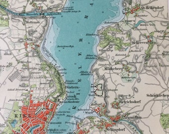 1896 Kiel Harbours Small Original Antique Map - Germany - Cartography - Vintage Map - Wall Decor