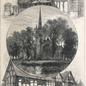1876 Stratford Church and Shakespeare's House as it is and as it was Original Antique Wood Engraving - Mounted and Matted - Available Framed