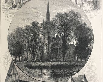 1876 Stratford Church and Shakespeare's House as it is and as it was Original Antique Wood Engraving - Mounted and Matted - Available Framed