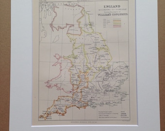 1875 England according to Domesday showing William's conquests Original Antique Map - Available Matted and Framed - English History