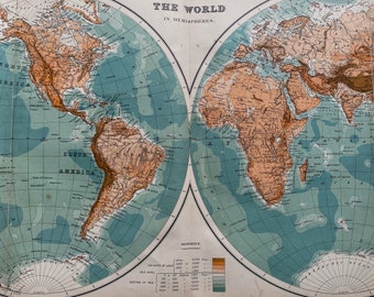 1906 Original Antique World in Hemispheres Map - Wall Map - Vintage Wall Decor - Geography