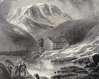1876 Hospice of the Great St Bernard Original Antique Wood Engraving - Mounted and Matted - Available Framed - Switzerland - Pennine Alps