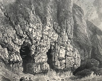 1876 In Shrinkle Bay, South Wales Original Antique Wood Engraving - Mounted and Matted - Available Framed - Cliffs