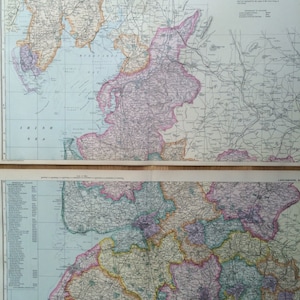 1907 LANCASHIRE Set mit 2 Original antiken Karten, je 52 x 13,5 Zoll, historische Wanddekoration, George W Bacon Karten, English County