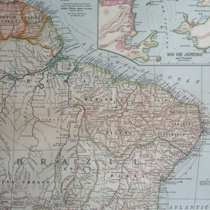 1903 Südamerika (östlicher Teil) Original Große, antike Landkarte mit Nebenkarte von Rio de janeien - Brasilien, Paraguay, Niederländisch-Guayana Französisch-Guayana